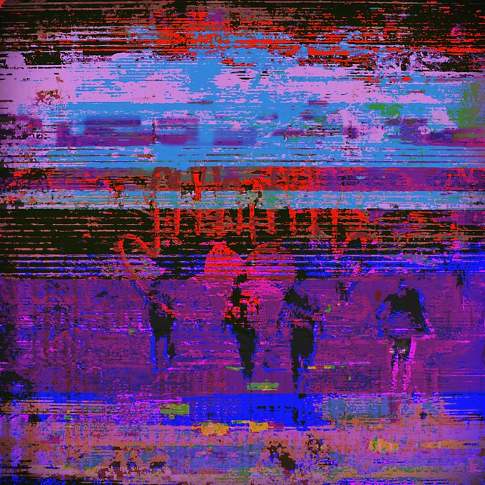 The image displays a glitchy, abstract artwork dominated by distorted red, blue, and purple hues with horizontal scan lines obscuring the scene, possibly depicting obscured figures. It visually represents the newly collected NFT "We can still find hope" by @jefflgraham on @objktcom, with the digital distortion emphasizing a fragmented yet resilient message of hope.