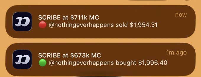 Two notifications from @nothingeverhappens show SCRIBE trades: buying at $673k market cap for $1,996.40 and selling 1 minute later at $711k market cap for $1,954.31—a ~$42 loss despite selling at a higher valuation, illustrating the post's "FOMO exit higher and lose money" lesson.