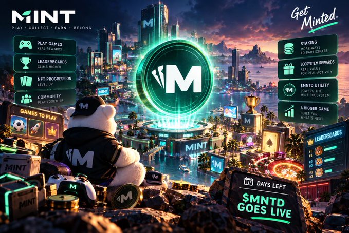 Promotional graphic for 'MINT' ($MNTD) cryptocurrency featuring a teddy bear mascot overlooking a futuristic cityscape with the tagline 'Get Minted,' highlighting features like Play Games, Leaderboards, NFT Progression, Staking, Ecosystem Rewards, and 'SMNTD GOES LIVE.'