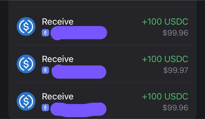 A dark-themed cryptocurrency transaction history showing three 'Receive' entries of '+100 USDC' at approximately $99.96-$99.97, with sender addresses obscured.