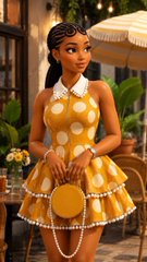 A stylized digital illustration of a young Black woman wearing a yellow polka-dot dress with a white collar, holding a matching yellow handbag and wearing a pearl necklace.