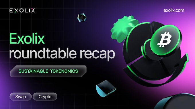 A promotional graphic for 'Exolix roundtable recap: SUSTAINABLE TOKENOMICS' featuring green 3D cryptocurrency icons including Bitcoin, with Swap and Crypto buttons.