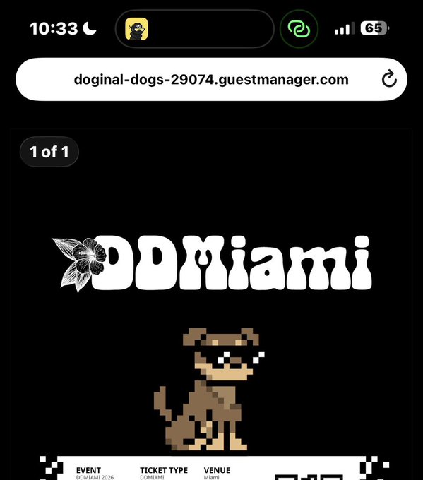 A mobile screenshot showing the URL 'doginal-dogs-29074.guestmanager.com' with the 'DOMIANI' logo (featuring a flower), a pixelated dog with sunglasses, and ticket details for 'DOMIANI 2026' in Miami.