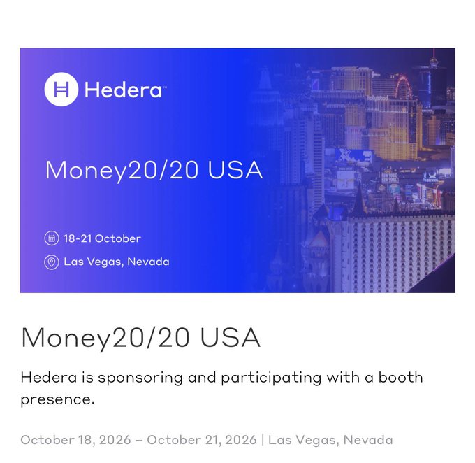 A promotional graphic from Hedera announcing their sponsorship and booth presence at Money20/20 USA, held October 18-21, 2026 in Las Vegas, Nevada, with a Las Vegas skyline backdrop.