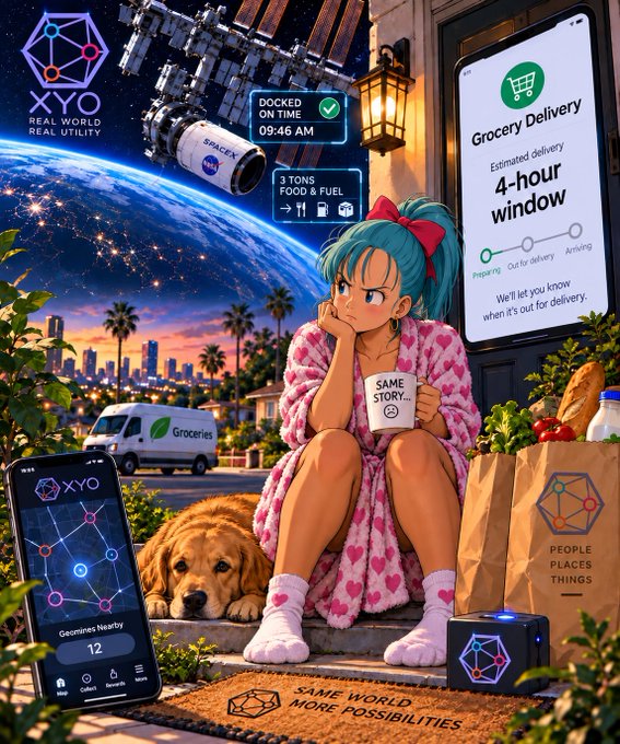 An anime-style illustration featuring a teal-haired girl in a heart-patterned robe sitting on steps with a golden retriever, holding a 'SAME STORY...' mug, surrounded by XYO network branding, a space station, a SpaceX delivery capsule, grocery delivery app interface, and bags labeled 'PEOPLE PLACES THINGS.'