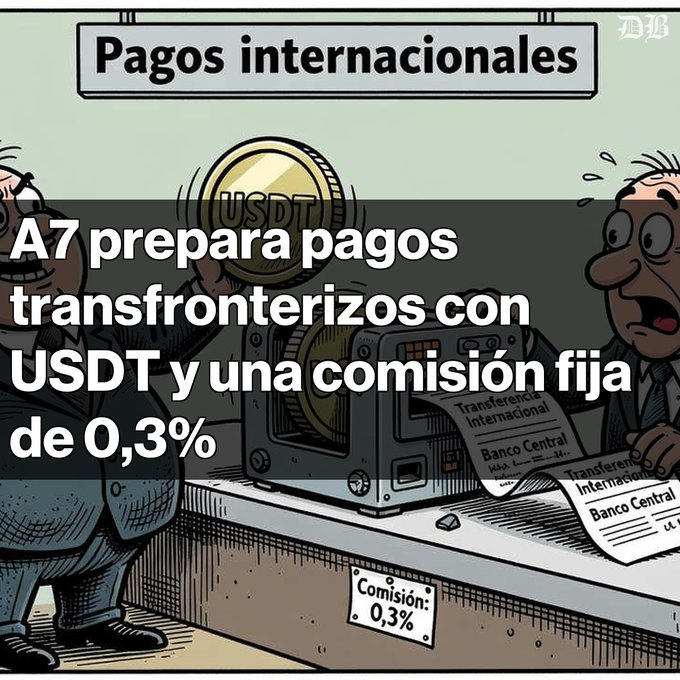 A cartoon illustration about international payments, with text reading 'Pagos internacionales' and 'A7 prepara pagos transfronterizos con USDT y una comisión fija de 0,3%', depicting a money printer producing 'Transferencia Internacional' documents.