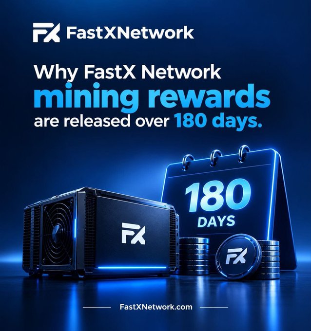 A promotional graphic for FastXNetwork asking 'Why FastX Network mining rewards are released over 180 days,' featuring a cryptocurrency mining rig and a calendar displaying '180 DAYS' on a blue background.