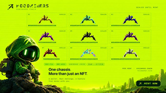 A promotional webpage for "Roodminers" (Roodhood Chain) displays a grid of nine NFT miner illustrations (#1-#9), all marked "SEALED" alongside a hooded robot mascot, with the tagline "One chassis. More than just an NFT" and a "MINT NOW" button highlighting features like "A wallet. Real earnings. A history that moves with you." The image visually supports the post's claim by showcasing the NFT miners whose onchain architecture unifies identity, wallet, and value into a single asset.