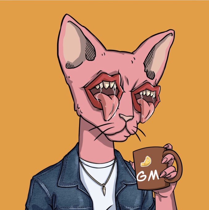 An illustration depicts an anthropomorphic pink hairless cat character wearing a white t-shirt, a blue denim jacket, and a necklace. The character has double rows of sharp teeth and fangs, and holds a brown mug featuring a lemon slice graphic and the letters "GM" against an orange background.