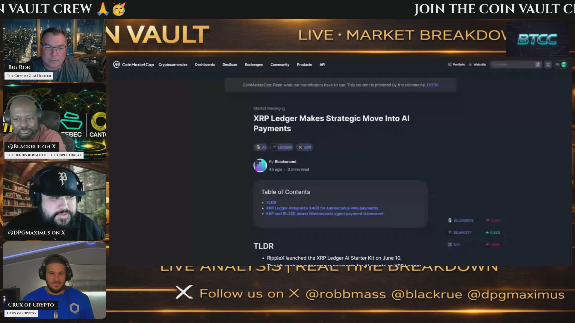 The image shows a computer screen displaying a website called "Live Market Breakdown", which appears to be about Bitcoin. The website has a gold header, indicating that it might be related to cryptocurrency or financial news. The main content of the website is about Bitcoin's market value and its impact on the economy. The post also mentions that there are two people in the image who seem to be discussing this topic.