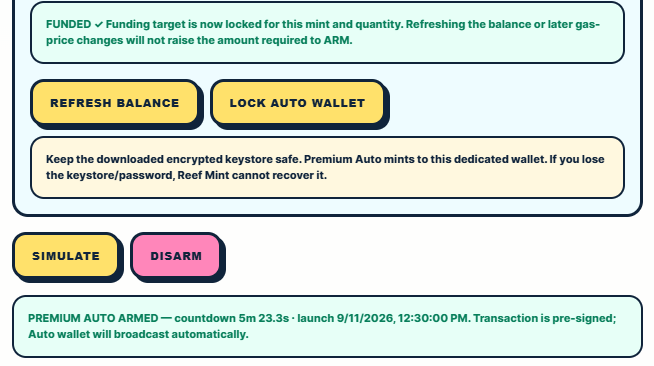 A user interface showing funding status as 'FUNDED' with buttons for 'REFRESH BALANCE', 'LOCK AUTO WALLET', 'SIMULATE', and 'DISARM', noting a countdown of 5m 23.3s to launch on 9/11/2026.
