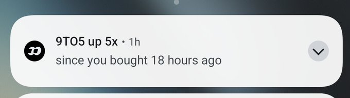 A mobile notification from Dapp showing '9TO5 up 5x · 1h' with the message 'since you bought 18 hours ago'.