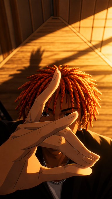 An anime-style illustration of a character with orange dreadlocks making a hand gesture in a sunlit wooden room.