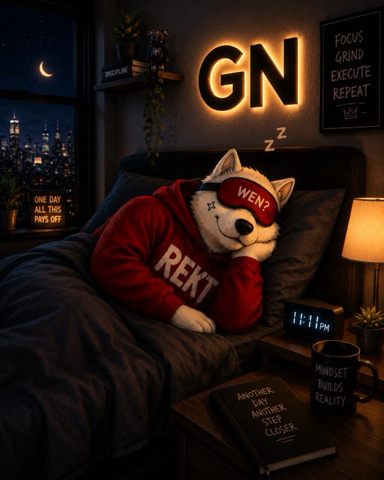 A digital illustration of a dog mascot wearing a red 'REKT' hoodie and a 'WEN?' sleep mask, sleeping in a bedroom with neon 'GN' sign, motivational signs, and a clock reading 11:11 PM.