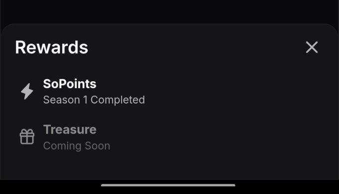 A dark-themed mobile app interface showing a 'Rewards' screen with 'SoPoints Season 1 Completed' and a 'Treasure' section marked 'Coming Soon'.