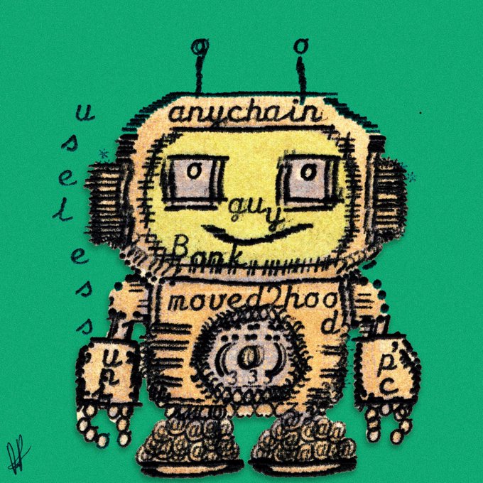 A whimsical, hand-drawn illustration of a yellow robot with antennae and a smiling face stands against a bright green background, featuring scattered text including "anychain," "Bank," "moved 2hoo," "url," and "useless" written across its body. The "toadbot" in the post appears to reference this quirky bot character, which humorously depicts a useless, wandering AI amid crypto and web-related jargon.