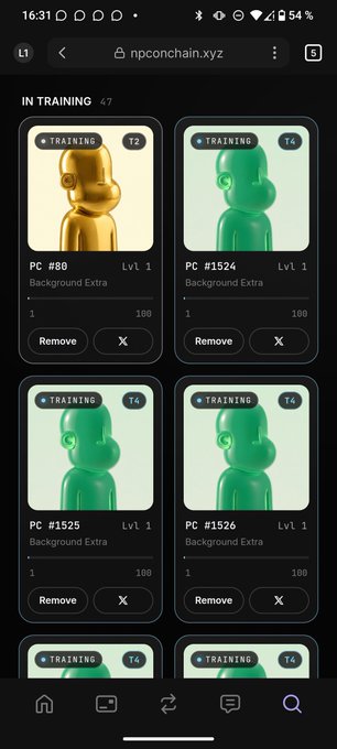 A mobile screenshot from npconchain.xyz showing four character cards (PC #80, #1524, #1525, #1526) labeled "TRAINING" with golden and green figures, all at Level 1.