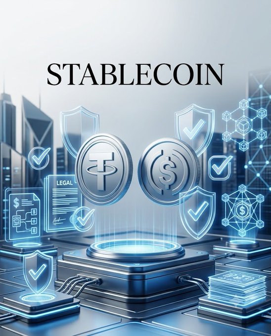 A digital promotional graphic displaying the word 'STABLECOIN' prominently above 3D-rendered silver coins with Tether and dollar symbols surrounded by security shields and checkmarks against a futuristic blue tech background.