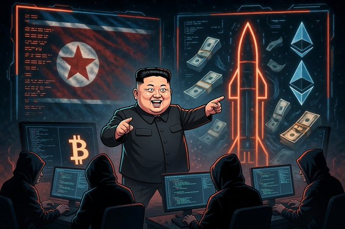 The cartoon shows a smiling Kim Jong-un pointing at a North Korean flag and a glowing rocket, while hooded hackers work at computers displaying Bitcoin (₿) and Ethereum symbols. It visually ties the regime to the DeFi exploits mentioned in the post.