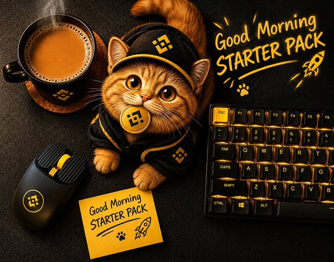 A cute orange kitten wearing a black and yellow Binance-themed hoodie and cap sits beside a steaming mug of coffee, a Binance-branded gaming mouse, a backlit keyboard, and a sticky note reading "Good Morning STARTER PACK" — all matching the post's "$BNBCAT" good morning theme of coffee, cat, and crypto to kick off the week.