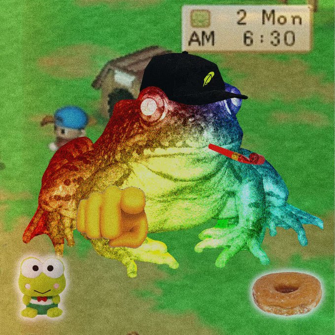 A rainbow-colored frog wearing a black cap with a leaf logo sits on a green field holding a peace sign, with a date stamp reading "2 Mon AM 6:30," a small Keroppi mascot, and a donut visible in the scene—meme-style imagery tied to the "$FRONG" token "living rent-free in your feed."