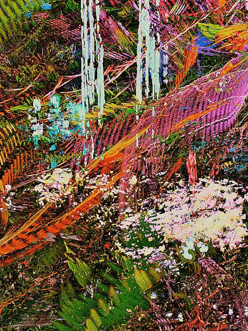 A vibrant abstract painting featuring dense, layered brushstrokes in bright colors like pink, orange, green, and white, with vertical drip-like elements.