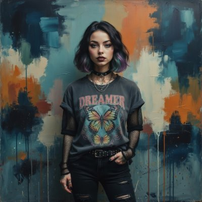 An artistic portrait of a young woman with dark hair wearing a 'DREAMER' t-shirt featuring butterfly graphics, set against a colorful abstract painted background.