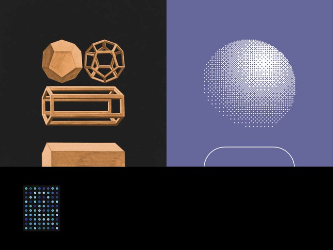 A composite image shows wooden geometric shapes on a dark background, a halftone dotted human profile silhouette on a purple background, and a small grid of colored dots.
