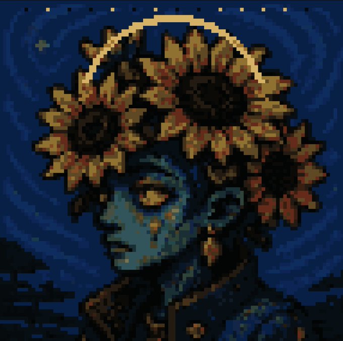 Pixel art portrait of a blue-skinned figure with a golden halo and large sunflower-like flowers covering their eyes, set against a starry night sky.
