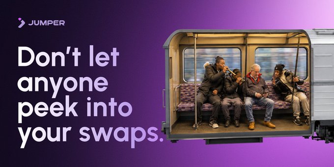 A promotional graphic with a purple gradient background displaying the 'JUMPER' logo, the text 'Don't let anyone peek into your swaps.', and an image of people sitting inside a subway car.
