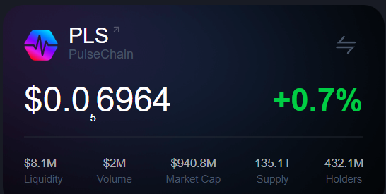 The image shows a close-up of a black screen displaying information about a cryptocurrency called "Pulschain". The screen has a green arrow pointing downwards, indicating a decrease in value or price. The text at the bottom of the screen reads "The PulseChain Bottom is in $PLS", which suggests that the current value of the cryptocurrency is below its initial investment amount.