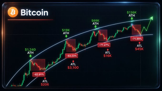 A Bitcoin price chart showing historical All-Time Highs (ATH) and All-Time Lows (ATL), highlighting key levels: $1,240 ATH/$206 ATL (-82.91%), $19K ATH/$3,100 ATL (-83.23%), $69K ATH/$16K ATL (-77.27%), and $126K ATH/$45K ATL (-71.99%).
