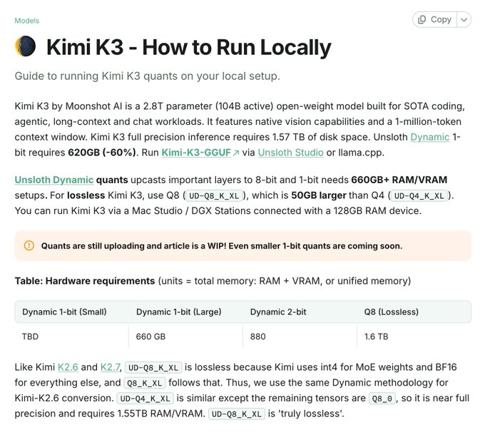A blog post titled 'Kimi K3 - How to Run Locally' explaining how to run the Kimi K3 AI model locally, including a table of hardware requirements for different quantizations like Dynamic 1-bit (660 GB) and Q8 Lossless (1.6 TB).