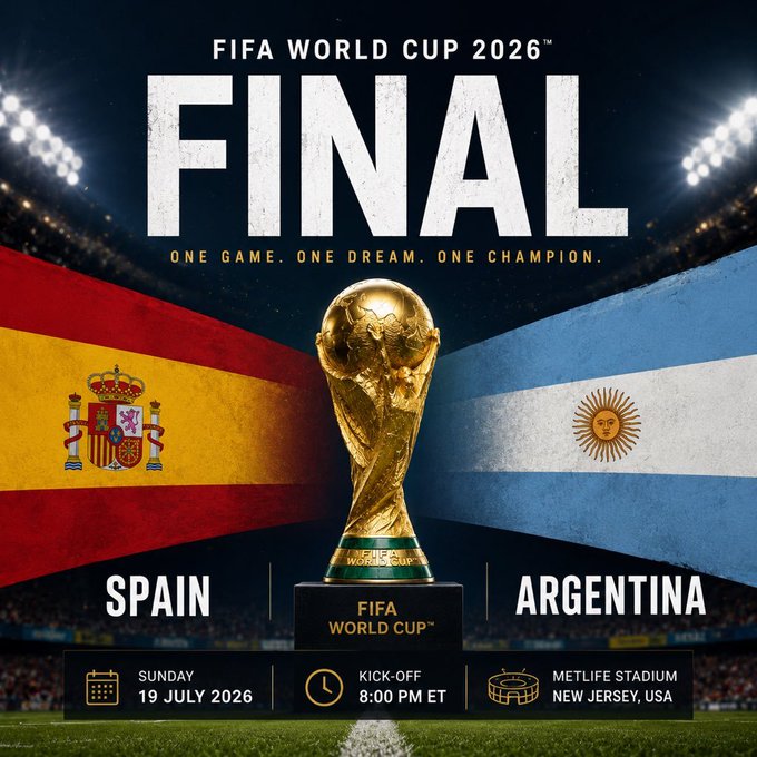 A promotional poster for the FIFA World Cup 2026 Final between Spain and Argentina, scheduled for Sunday, 19 July 2026 at 8:00 PM ET at MetLife Stadium, New Jersey, USA.