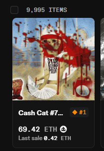 The image shows a "Cash Cat #7..." NFT with a listed price of 69.42 ETH. The accompanying post "Did I list this too low?" suggests the seller is questioning if their price for this NFT is too high.