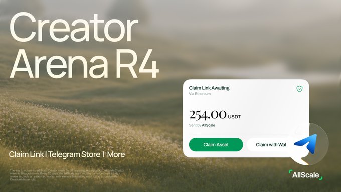 The image is a promotional banner for "Creator Arena R4" by AllScale, featuring a $254.00 USDT claim link awaiting payout via Ethereum, with options to "Claim Asset" or "Claim with Wal[let]," aligning with the announcement of the content creator contest running through August 30.