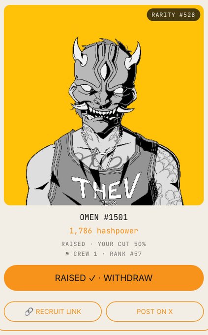 A yellow rarity #528 card for "OMEN #1501" titled "THE V" displaying a horned demon character with 1,786 hashpower, rank #57, and options to withdraw or recruit.