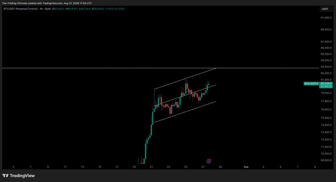 A TradingView chart of the BTCUSD perpetual contract on Binance displays Bitcoin's price action contained within a drawn ascending channel, with the latest candle near $80,494 and price oscillating between roughly $75,000–$82,000 over the August 21–27 timeframe.