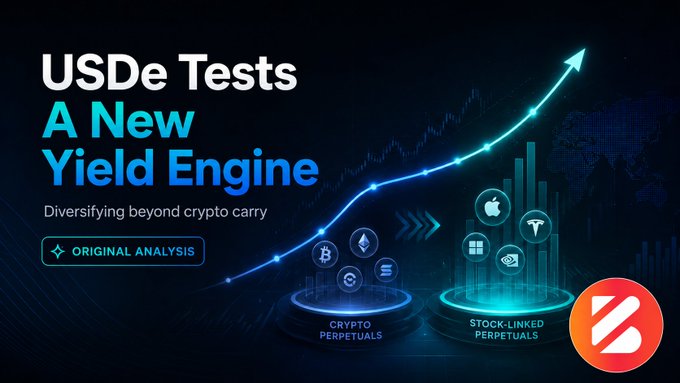 An article graphic titled 'USDe Tests A New Yield Engine - Diversifying beyond crypto carry' showing crypto perpetuals transitioning to stock-linked perpetuals with crypto and stock token logos including BTC, ETH, SOL, AAPL, MSFT, TSLA.