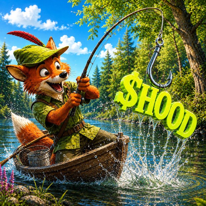An animated fox in a green hat reels in a giant hook from a wooden rowboat, with the bright green text "$HOOD" emerging from the water—a visual metaphor for hooking rewards. The playful "fishing for profits" scene mirrors the post's message about holding $ROBIN to earn $HOOD reflections through creator fee redistribution.