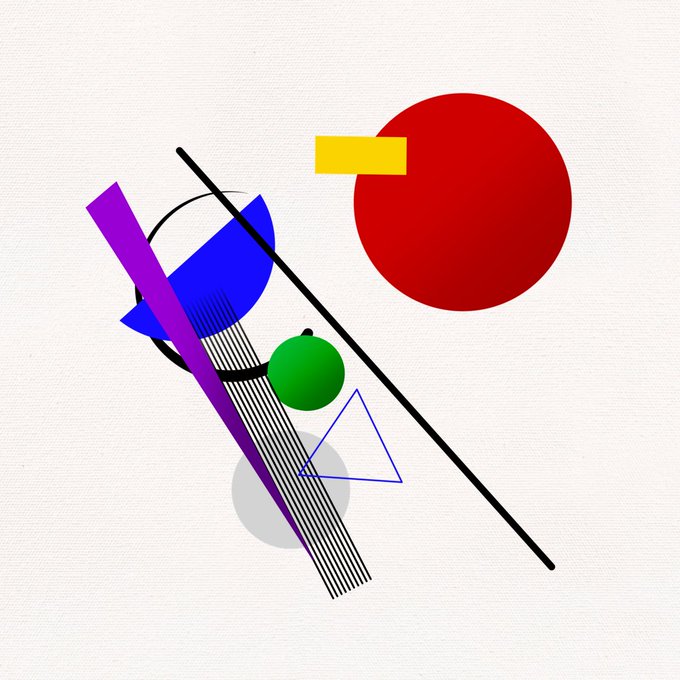 A colorful abstract geometric composition in the style of Bauhaus/Suprematism, featuring a large red circle, yellow rectangle, blue semicircle, green circle, purple line, striped parallelogram, and black diagonal line on a cream background.