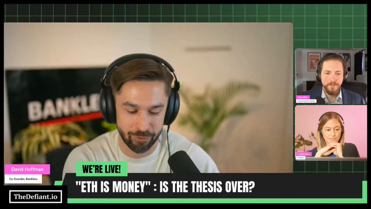 The image shows a computer screen displaying a video call with three people, including a man wearing headphones who appears to be talking about Bitcoin. The background of the image features a green square frame with white text, which reads "We're live! Ether is money - is the thesis over?". This suggests that the conversation might be related to the current state of Bitcoin and its impact on the economy or other financial matters.