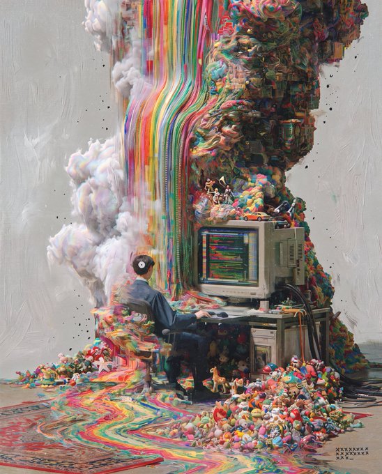 A surreal digital artwork depicting a person at an old computer monitor with rainbow-colored streams of toys and objects flowing dramatically upward and outward from the screen.