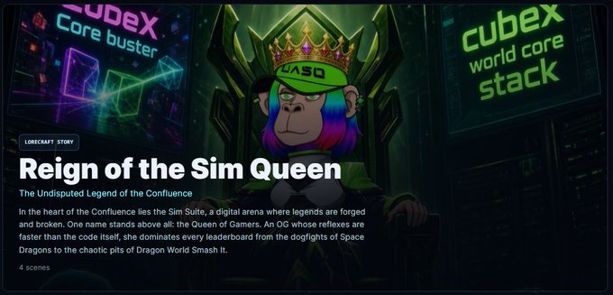 A 'Lorecraft Story' page titled 'Reign of the Sim Queen' featuring a crowned cartoon ape character with rainbow hair, set against a backdrop advertising 'cubex' services.