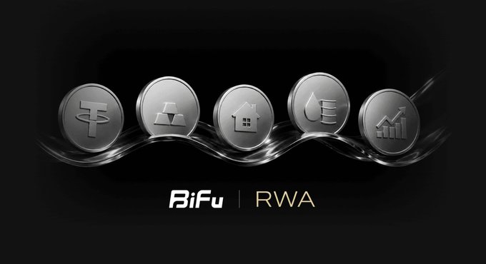 A sleek black graphic displays five silver coins representing assets (including gold bars, a house, a water drop, and a growth chart) above the text 'BiFu | RWA'.