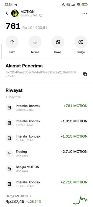 A mobile cryptocurrency wallet screen showing a MOTION token balance of 761 and recent transaction history.
