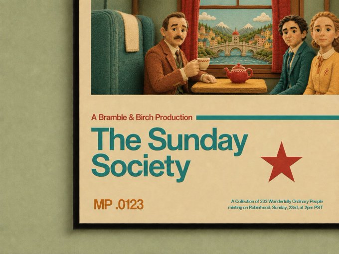 A promotional poster for 'The Sunday Society' featuring claymation-style characters on a train, described as 'A Bramble & Birch Production' and 'A Collection of 333 Wonderfully Ordinary People minting on Robinhood, Sunday, 23rd, at 2pm PST'.