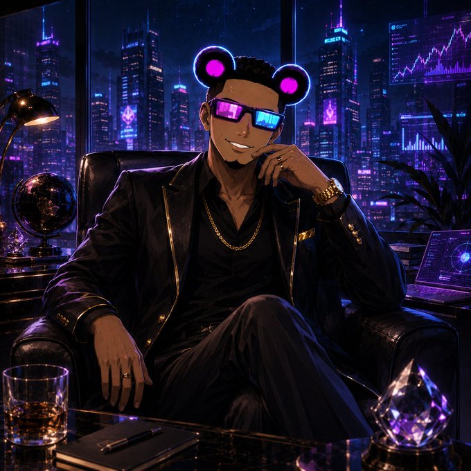 An anime-style illustration depicts a stylish man with glowing pink mouse-ear headphones and neon glasses, sitting in a chair in a futuristic cyberpunk office overlooking a neon-lit cityscape.