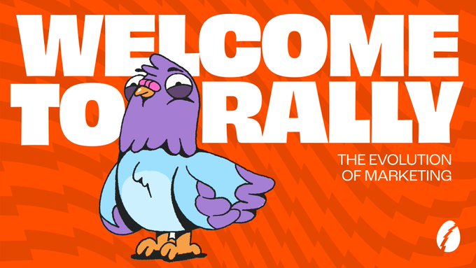 The image features an orange background with white text that reads "Welcome to Rally!". Below this, there's a cartoon illustration of a bird with blue wings and purple tail feathers. The text also mentions a new USDC campaign for a rally event, which is related to the bird in the image.