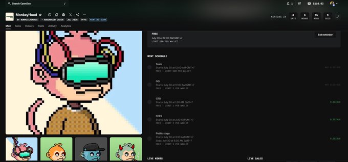 A screenshot of an NFT project called 'MonkeYHood' showing a pixel art monkey with green sunglasses, along with a mint schedule listing OG, FCFS, GTD, and Public stages.